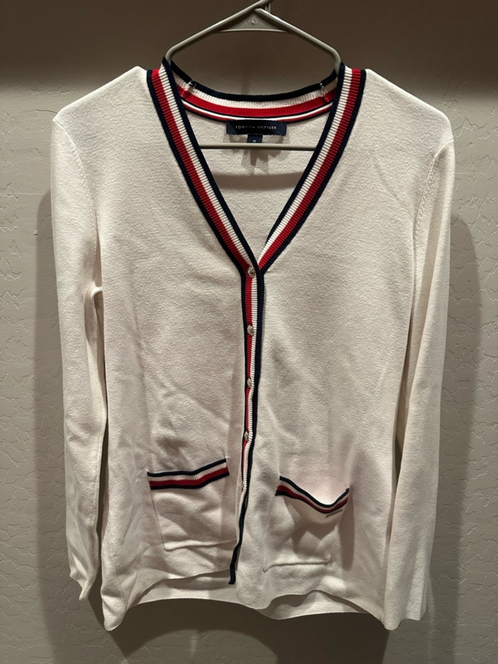 Tommy Hilfiger White Sweater with Red & Navy Stripe Trim